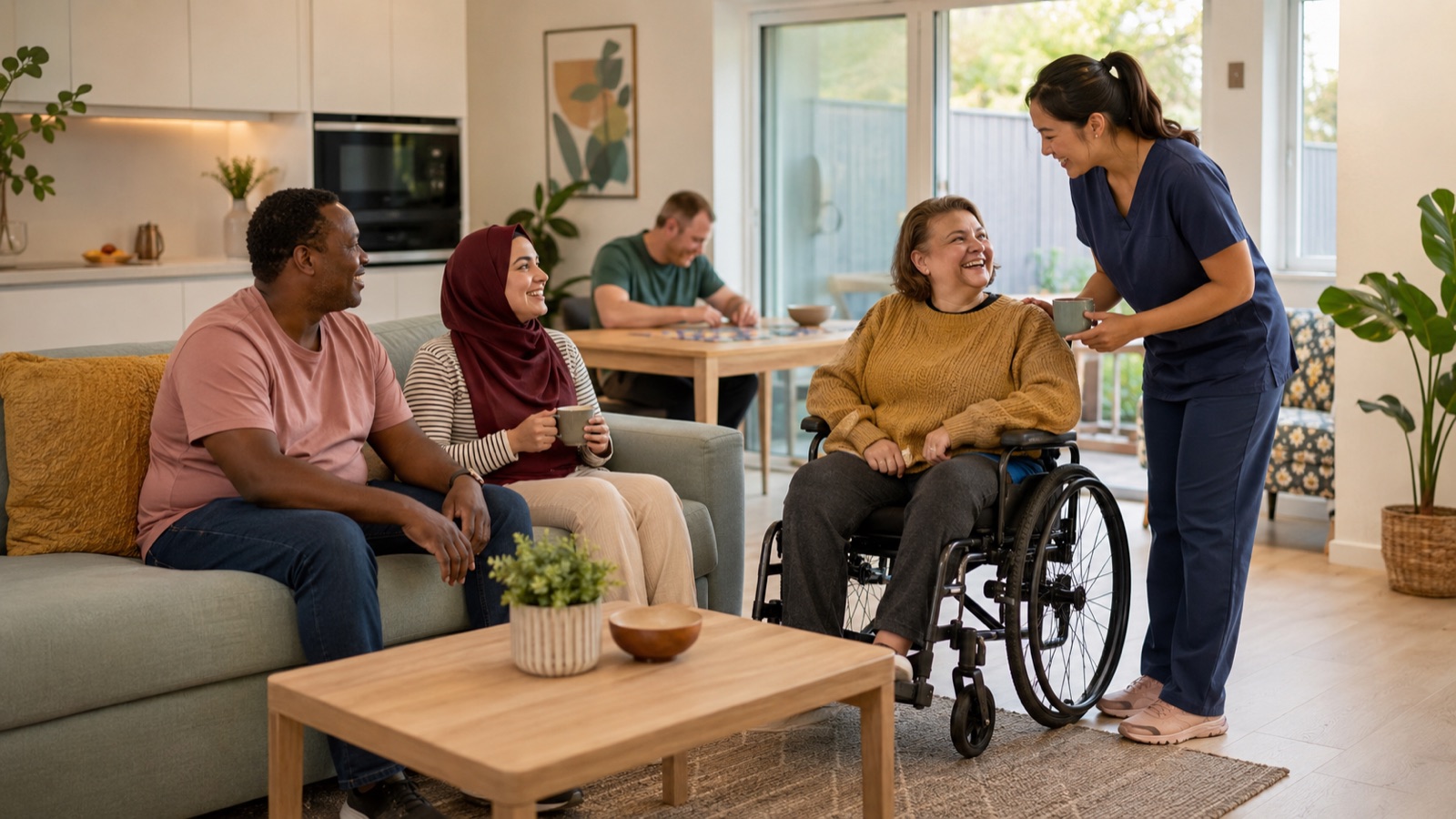 Four housemates and a support worker talking together in the bright open living area of a shared home.