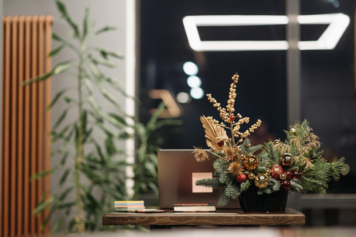 A calm, tidy corner of a home with a lamp and a vase of dried flowers.